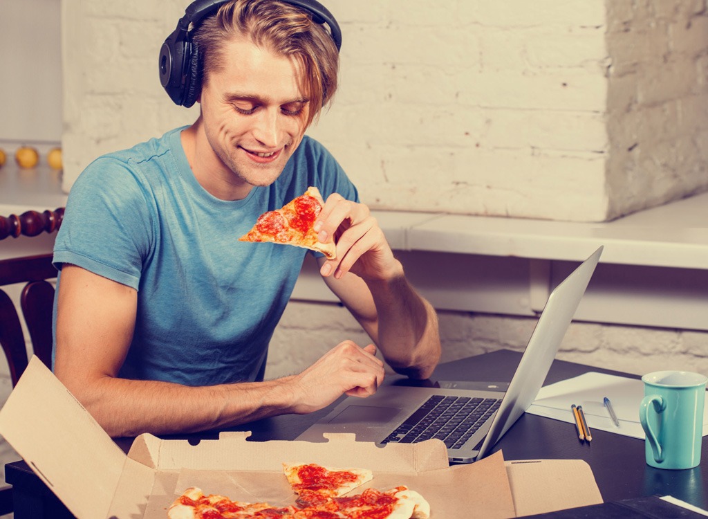 Eating pizza listing to music