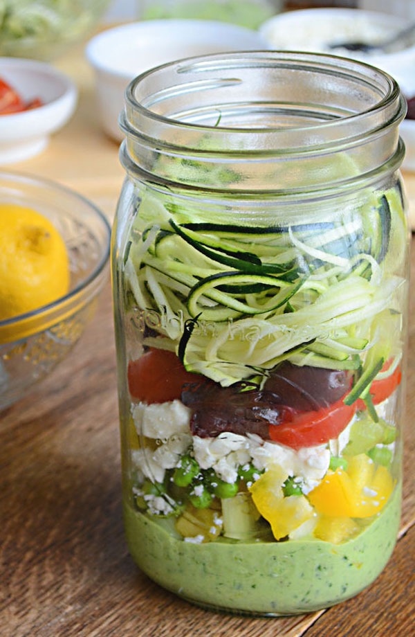 ZUCCHINI PASTA SALAD WITH AVOCADO SPINACH DRESSING