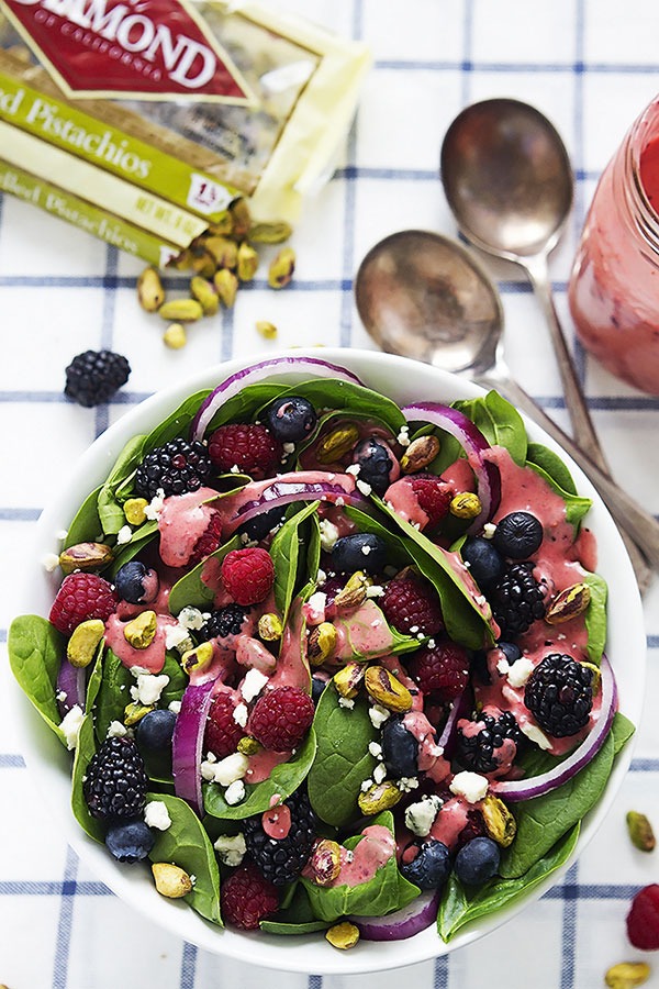 berry pistachio spinach salad with berry vinaigrette