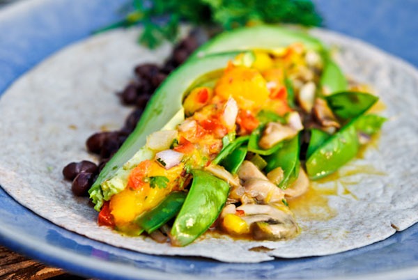 snow pea & mushroom tacos with mango salsa