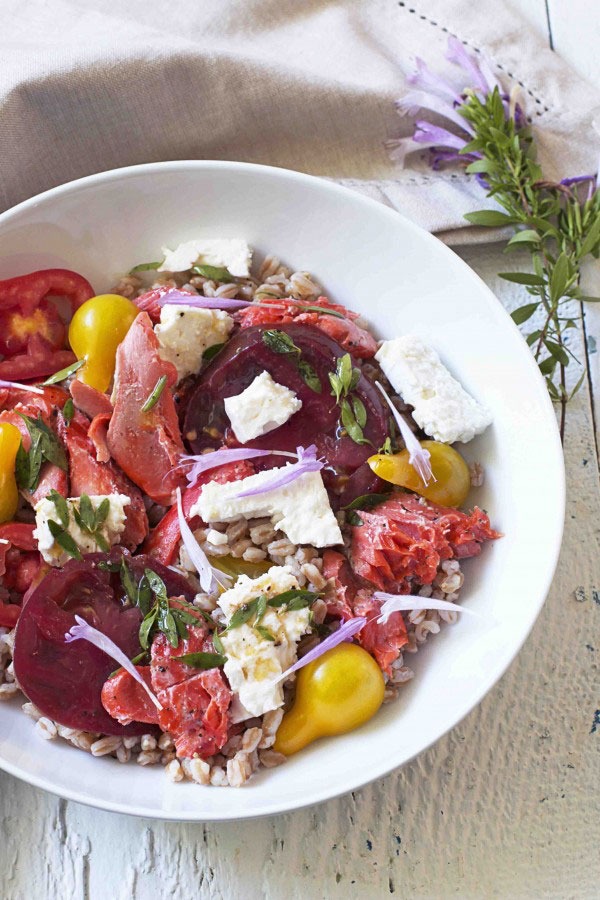 salmon & heirloom tomato farro bowl