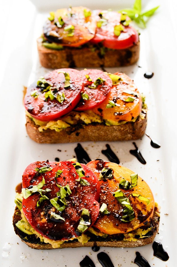 High Protein Vegetarian Meals Avocado and Heirloom Tomato Toast with Balsamic Drizzle