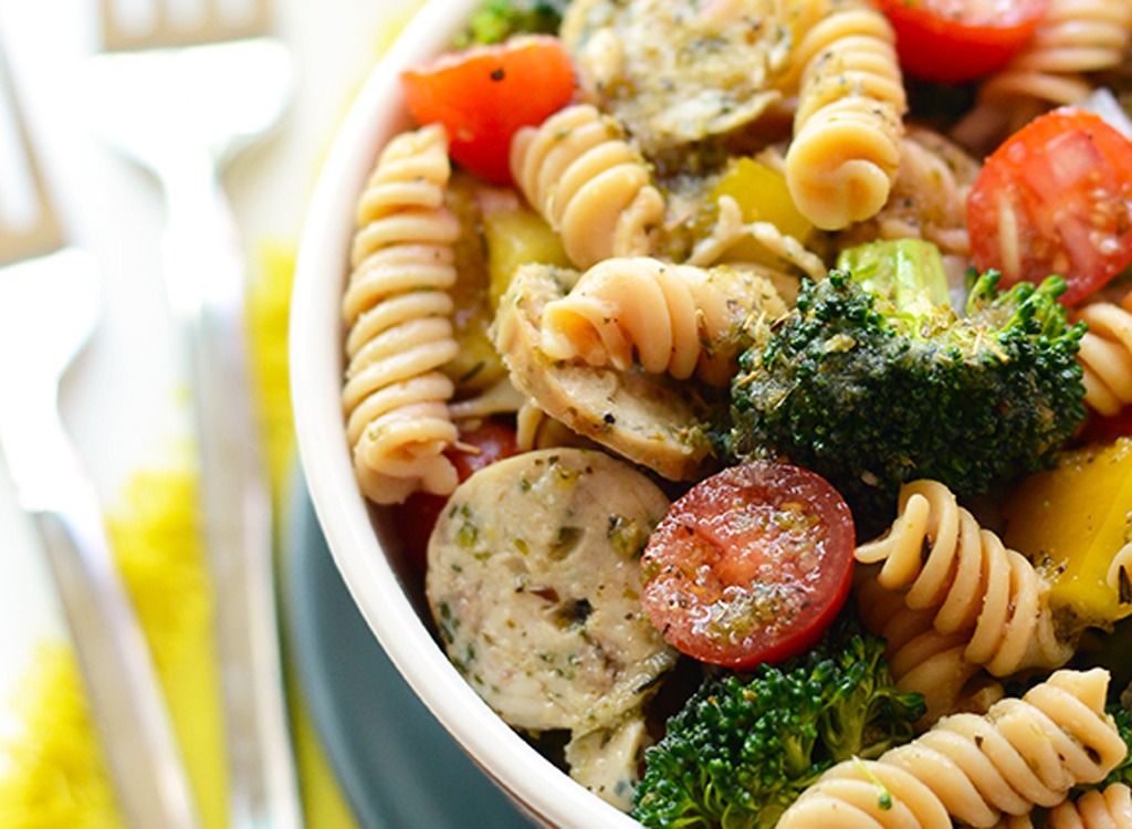 Pasta sausage veggies broccoli tomato