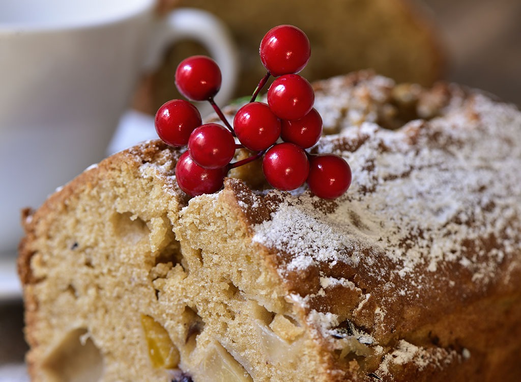 fruitcake topped with holly berries