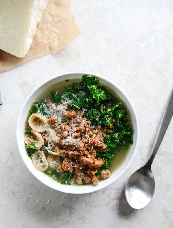 Spicy sausage kale and whole wheat orecchiette soup