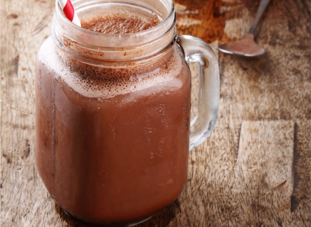 chocolate avocado milkshake in a glass jar