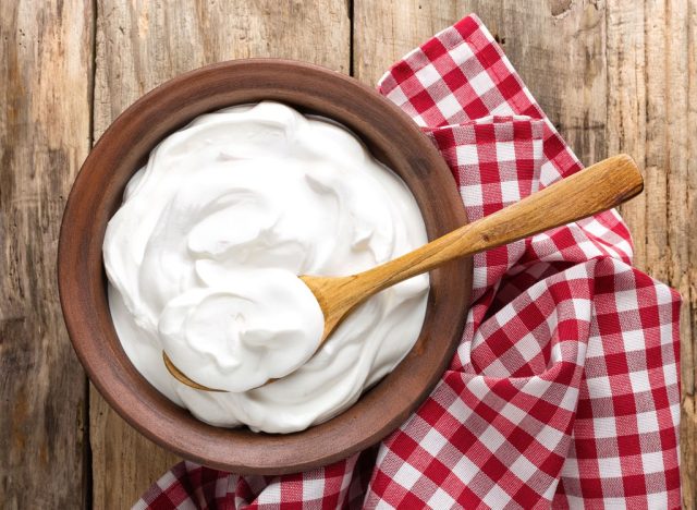 Greek yogurt in a bowl with a spoon