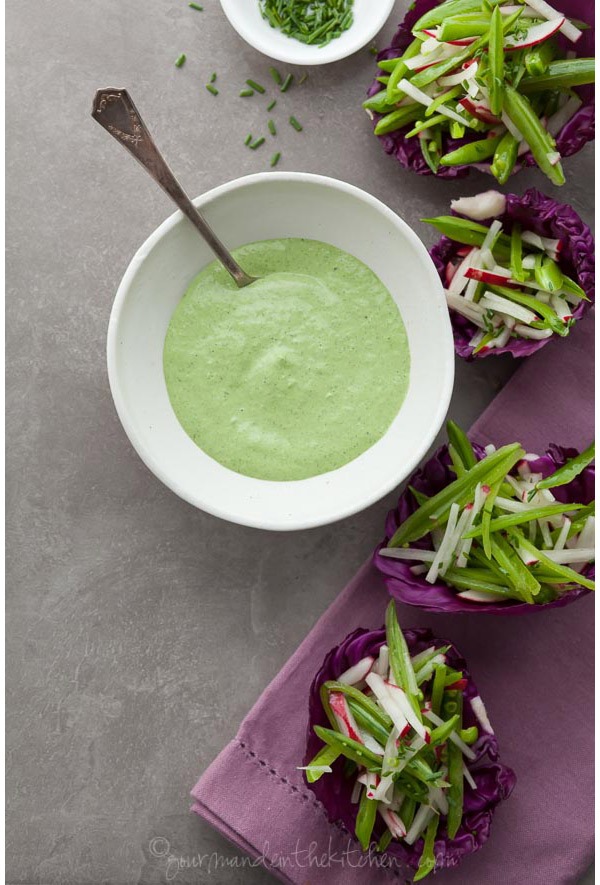 snap pea slaw cups with avocado cream