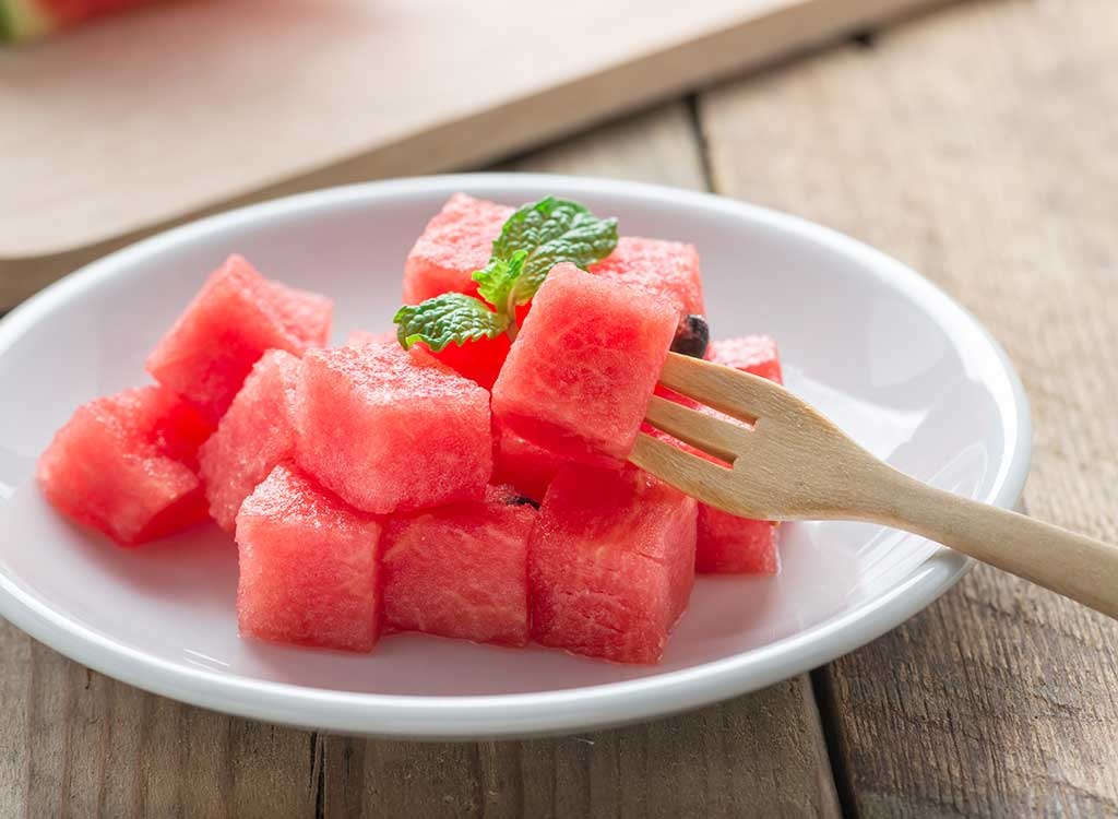 watermelon cubes fork