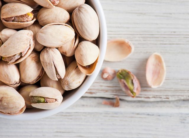 Pistachios in a white bowl