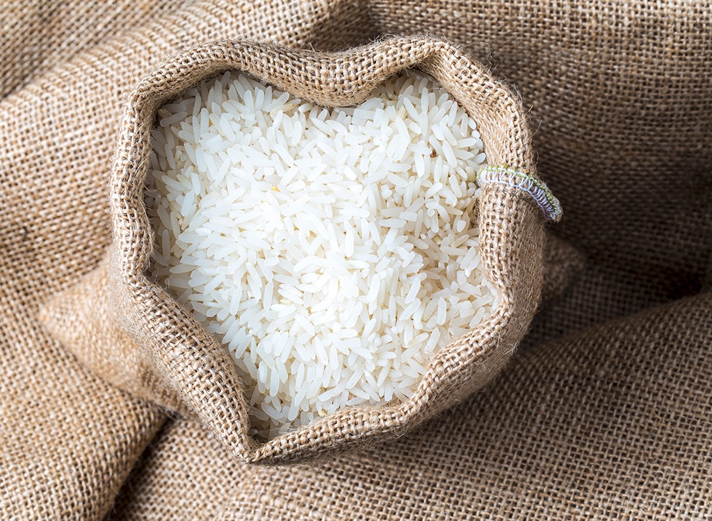 white rice in brown canvas bag